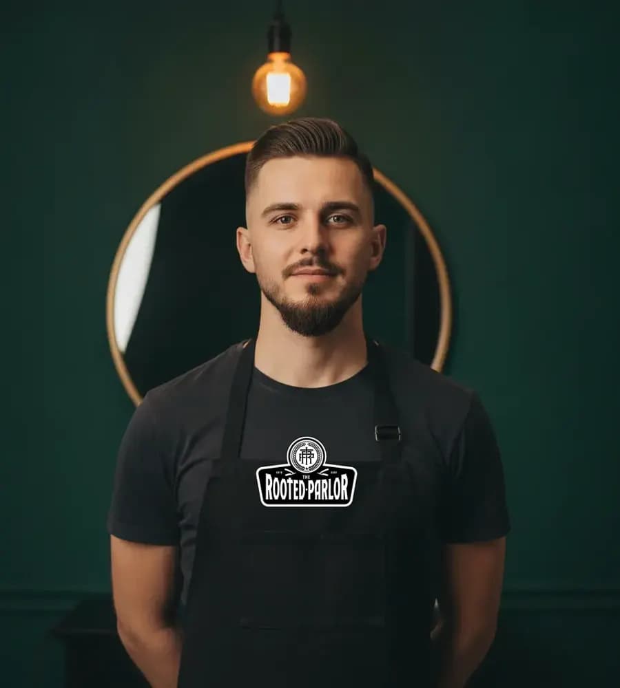 A barber’s apron carrying an example shop’s mark on the bib, worn in a shop.