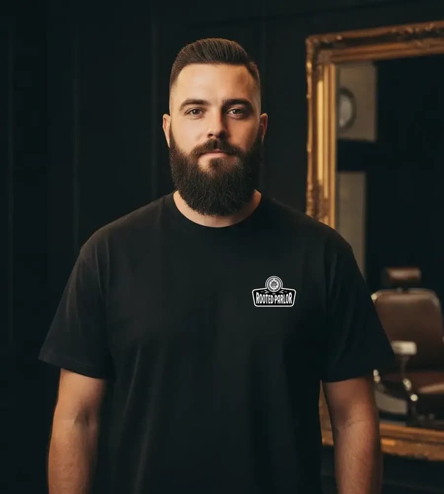Heavyweight tee worn, carrying the example shop’s mark. The figure is a generated model, not a real person.
