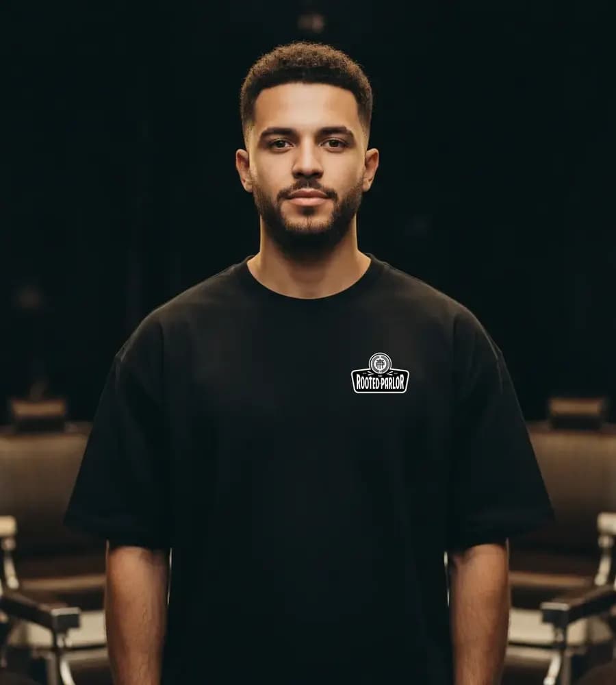 Oversized tee worn, carrying the example shop’s mark. The figure is a generated model, not a real person.