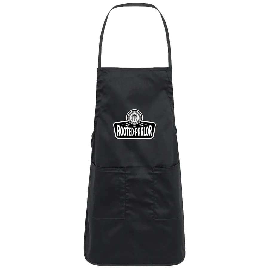 Barber apron in Black, showing the example shop’s mark: mark on the bib.