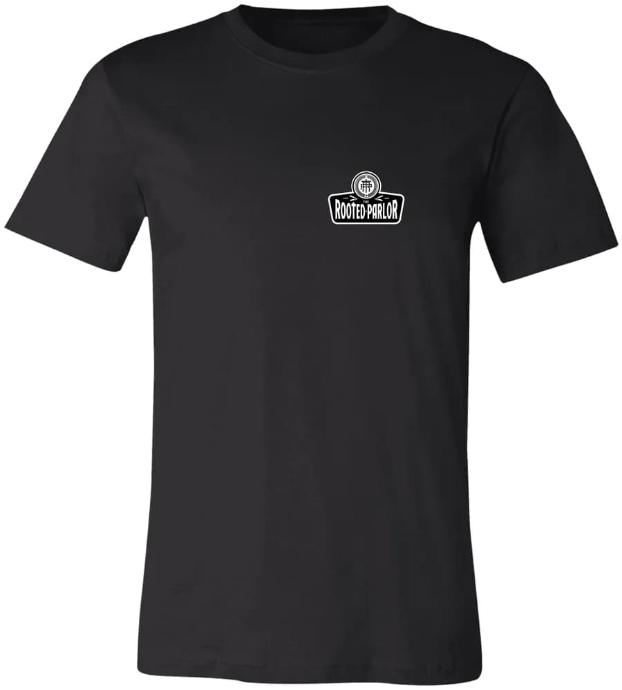Premium tee in Black, showing the example shop’s mark: small mark, left chest.