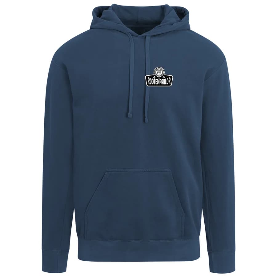 Pullover hoodie in True Navy, showing the example shop’s mark: small mark, left chest.